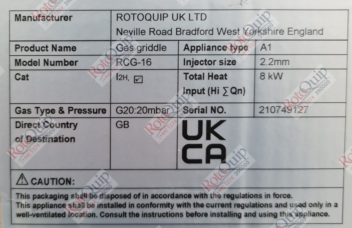 RCG-16 – 8kw Professional Gas Flat Plate Griddle / 1 Burner